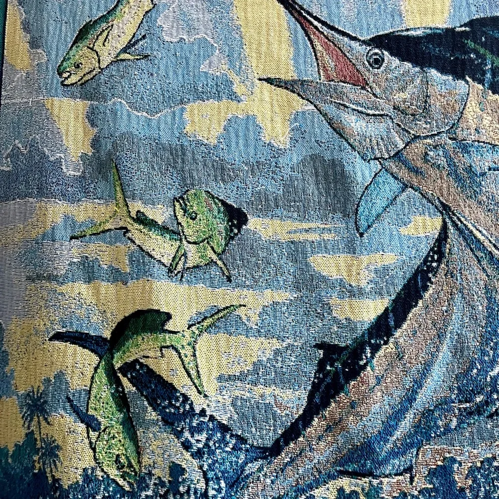 Vintage Guy Harvey Marlin Afghan Tapestry Fringed 48x68 Throw Blanket Rare VTG - Picture 5 of 6